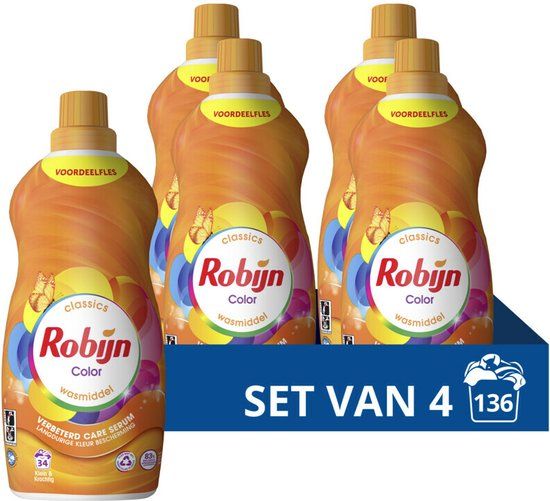 Robijn Klein & Krachtig Wasmiddel Color 34 Wasbeurten - 4 x 1,19 liter - Voordeelverpakking