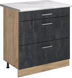 Vicco Keukenonderkast R-Line, Zwart beton/Goudkleurig Eiken, 80 cm met 3 laden marmer werkblad