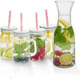 alpina Drinkglazen en Waterkan – Karaf (1L) met 4 Mason Jars (420 ml) – Waterglazen met Deksel en Rietjes – Drink Glazen voor Koude Dranken – Glazen Set voor Thuis en Feestjes