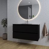 Saniclass Chaci Badkamermeubelset - 100x46x55cm - keramische wastafel zwart - 1 wasbak - 1 kraangat - 2 lades - ronde spiegel met verlichting - mat zwart
