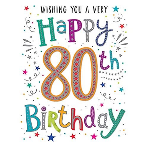 Piccadilly Greetings Modern Milestone Age Happy Birthday Card 80th - Regal Publishing, oranje|grijs|roze|groen, 8 x 6"