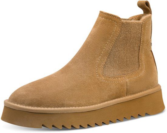 Tamaris Dames Leren Enkellaars Chelsea Boot Plateauzool 1-26419-45 310 Camel - Maat 39