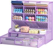 Huttutu Bureau organizer - Pennenbakje - Porte-stylos et Tiroir coulissant - 9-vaks Metalen Pennenhouder met Lade - Net en Opbergrek - Geschikt voor School Thuis en Kantoor - Paarse Kleur - 1 Stuk