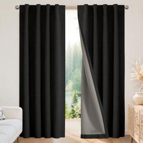 Joydeco Set van 2 100% verduisterende linnen gordijnen, 160 cm lang, zwart