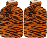 H&S Collection Warmwaterkruik - 2x - met zachte dierenprint hoes - oranje/zwart - 1,75L