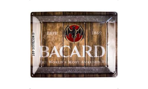Nostalgic-Art Metalen Retro Bord, Bacardi – Wood Barrel Logo – Geschenkidee voor rumliefhebbers, van metaal, Vintage ontwerp, 30 x 40 cm