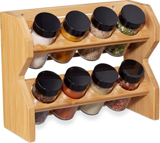 Bamboe kruiden organizer - ophangbaar - met 8 potjes - strooideksel - lichtbruin/transparant/zwart