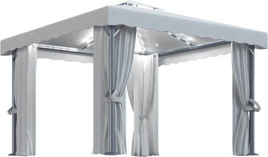 vidaXL Prieel met gordijn en LED-lichtslinger 3x3 m crèmewit