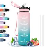 Drinkfles 1 liter, lekvrije fitnessfles, motiverende drinkfles met tijdschaal, fles met rietje, gemakkelijk te reinigen, drinkfles voor sport, fitness, fietsen, hardlopen, roze-cyaan