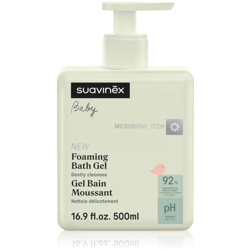 Suavinex Baby douchegel lichaam en haar, schuimende shampoo, zonder zeep, geschikt voor gevoelige huid en zuigelingen, brandt de ogen niet, 92% ingrediënten van natuurlijke oorsprong, met prebiotica