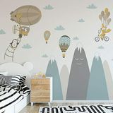 Muursticker, zelfklevend, voor kinderen, enorme decoratie, Scandinavische bergen voor kinderkamer, baby/vliegende dieren, 65 x 120 cm