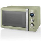 Swan Retro SM22030GNEU Digitale magnetron, 20 l, 5 standen, ontdooifunctie, timer 60 minuten, spiegeldeur, draaiplateau 27 cm, vintage design, groen, 800 W