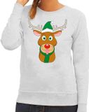 Bellatio Decorations Shoppartners Bv Foute kersttrui - sweater - Rudolf het rendier met grijse kerstmuts - rood - voor dames - Kersttruien - vrouwen XS