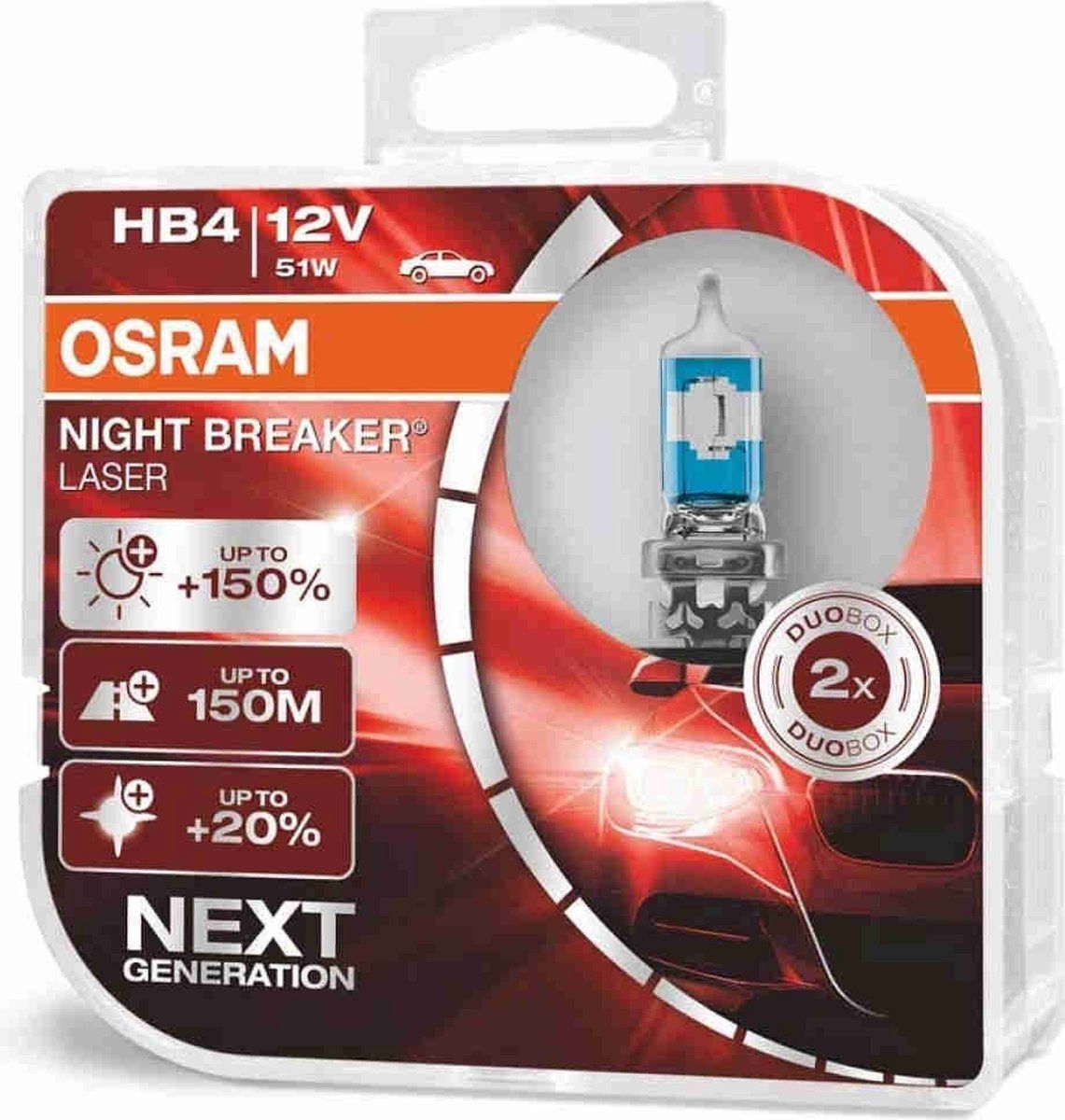 OSRAM NIGHT BREAKER LASER, HB4, +150% meer helderheid, halogeen koplamp, Duo Box (2 lampen)