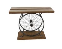 Deco 79 Houten fiets brede lattenbodem consoletafel met dubbel wielframe en gelaagde basis, 99 x 39 inch x 30 cm x 61 cm, bruin