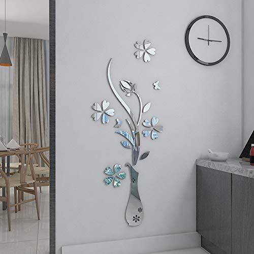 YongPan DIY Spiegel Bloem Vaas 3D Crystal Acryl Vlinder Stickers, Bloemen Vaas Spiegel Muursticker voor Entree Woonkamer Meubels Muur Deco (Zilver, 31cm b) * 80cm h))