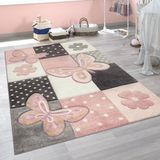 Paco Home Kindervloerkleed Kinderkamer Meerkleurig Roze Vlinders Ruitpatroon Stippen Bloemen 120x170 cm