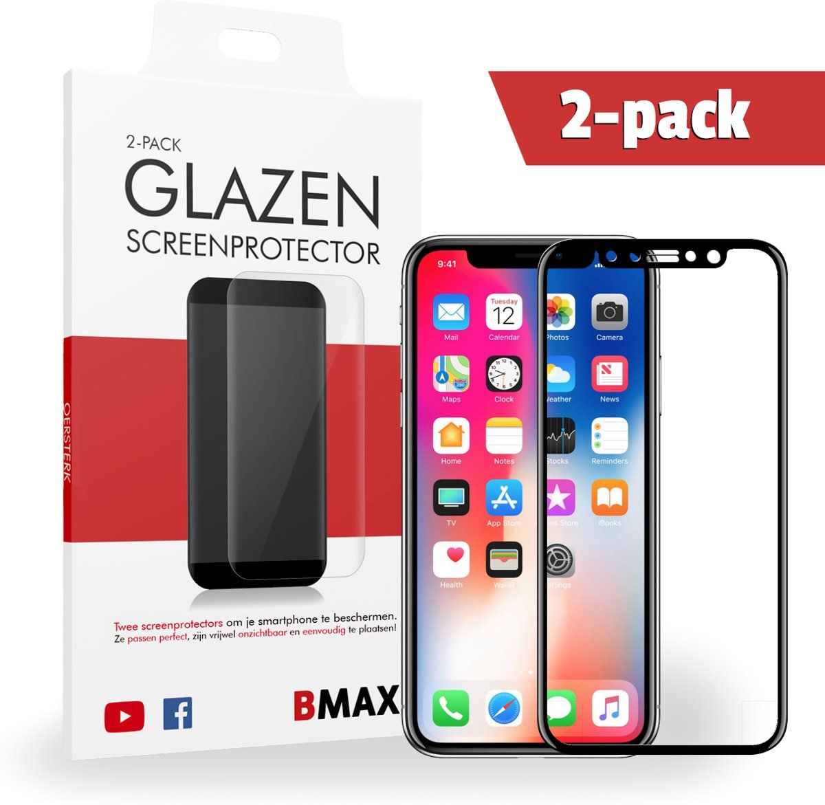 BMAX 2-pack Apple iPhone X Full Cover Glazen Screenprotector