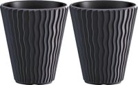 Prosperplast Plantenpot/bloempot Sand Waves - 2x - buiten/binnen - kunststof - antraciet - D35 x H38 cm - met binnenpot