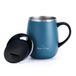 GRANDTIES Thermische koffiemok met handvat schuifdeksel voor spatbescherming 460 ml wijnglas vorm koffie to go mok koffiemok to go dubbelwandige roestvrij staal houdt dranken warm of koud blauw