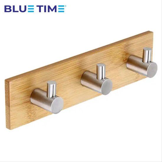 BlueTime Bamboo Self-Adhesive Hooks - Set of 3 - Hand Towel Hooks - Bathroom - Bamboo - Stainless Steel