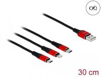 Delock USB Charging Cable 3 in 1 Type-A to Lightning™ / Micro USB / USB Type-C™ 30 cm black / red