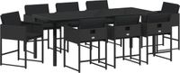 vidaXL Tuin Eettafel Set met Kussen 9 Stuks Zwart Poly Rattan