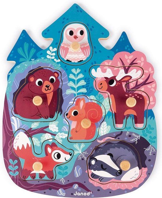 Janod Knoppuzzel - Bosdieren - Houten Puzzel Met 6 Stukjes - Vanaf 18 Maanden