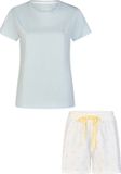 By Louise Dames Shortama Korte Pyjama Set Geprint Blauw/Wit Gestipt - Maat S