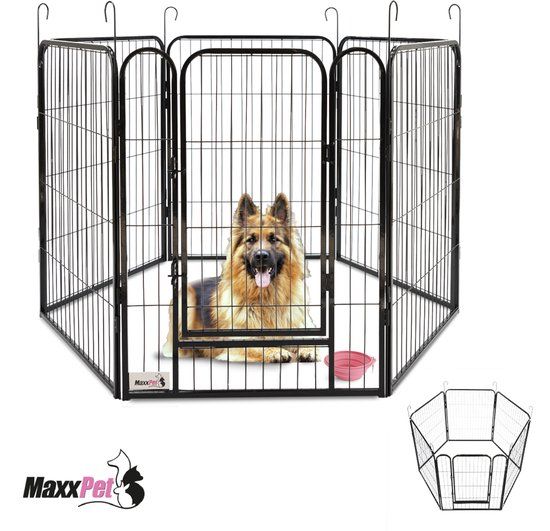 MaxxPet Puppyren - Hondenbench - Hondenkennel - 6 panelen - Staal - Ø 120cm - Zwart - Incl. Drinkbakje