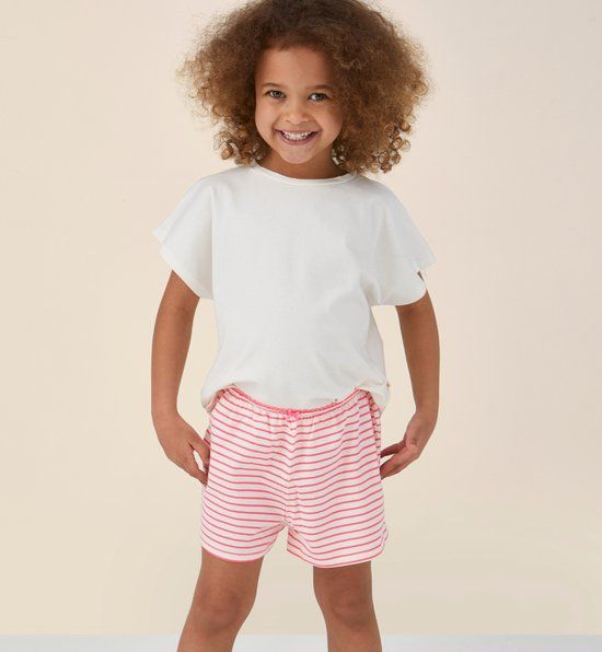 Little Label - Meisjes Pyjama Kort - Felroze Bretonse Strepen - 110-116 / 6Y - Extra Zachte Bio-katoen