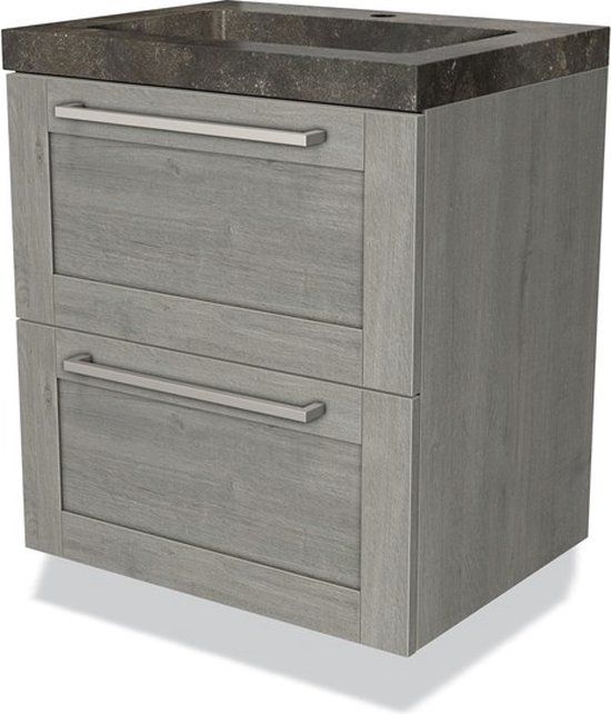 Maxaro Badkamermeubel 60cm Modulo Grijs Eiken 2 lades Kader Wastafel Blue Stone