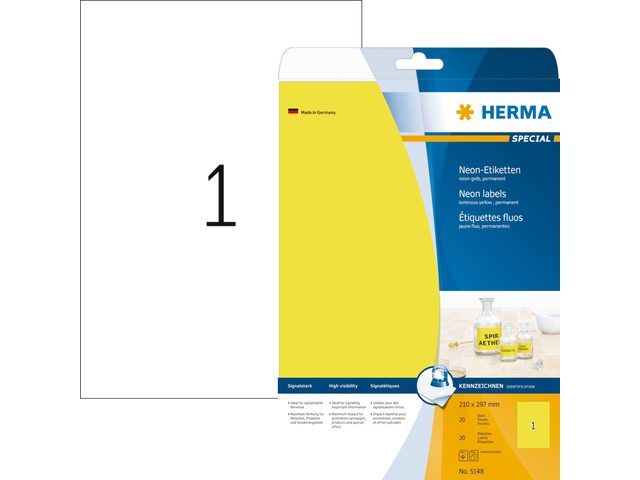 HERMA Etiket 5148 210x297mm A4 fluor geel 20stuks