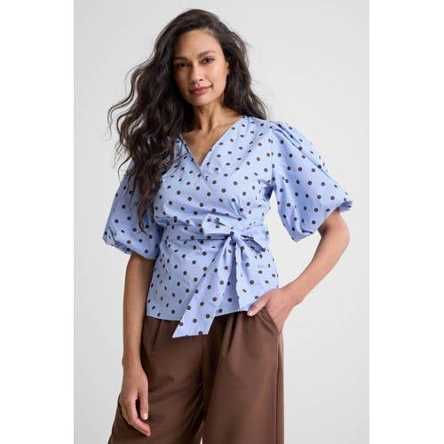 Ruby Ruby polkadot overslagtop met pofmouwen blauw/bruin