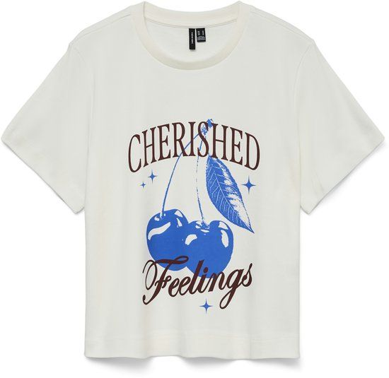 VERO MODA VMYMA METTE SS TOP BOX JRS Dames T-shirt XS Katoen Regular Fit Print Snow White