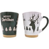 Dekohelden24 Bekerset, koffiemok, glühweinbeker, drinkbeker aardewerk set van 2, grootte: L/B/H ca. 12 x 8 x 11 cm, inhoud 360 ml per kopje, eland groen/wit, 11 cm