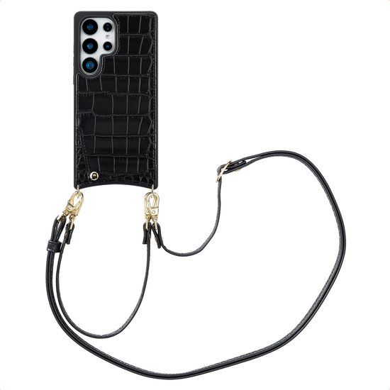 Selencia Samsung Galaxy S25 Ultra Croco Backcover met koord en pashouder - Zwart