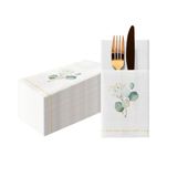PAW Decor Collection Papieren servet, Airlaid (1/8 pocket), bladeren, eucalyptus, goudkleurig, decoratie, voor verjaardagen, bruiloften en doopfeesten, stoffen structuur, gouden eucalyptus