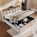Flieks lit rembourré 180x200 cm avec connexion USB, lit simple/lit double avec sommier à lattes et espace de rangement, lit avec éclairage LED, lin, beige