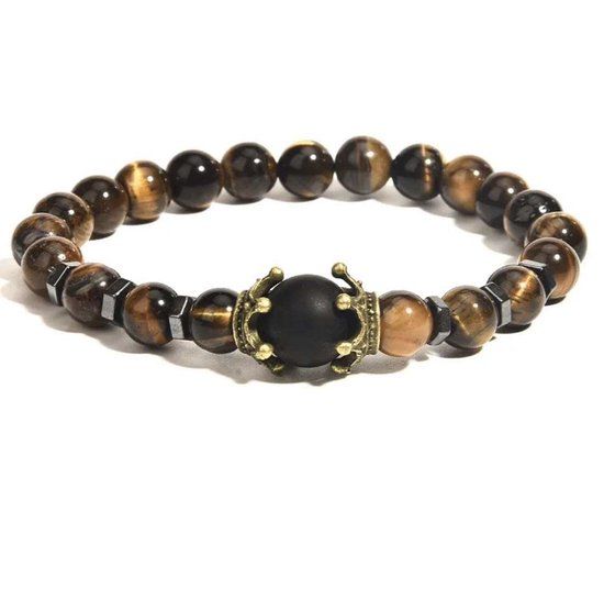 Walletstreet Caesar Crown Bracelet - Lava Stone Bracelet 21 cm - Brown with Black Crown - Unisex - Christmas Gift