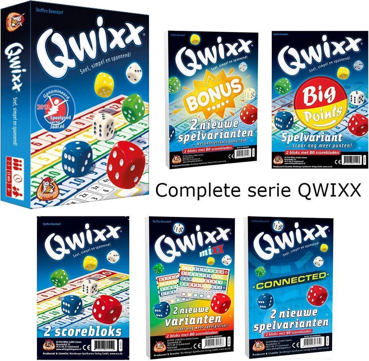 White Goblin Games QWIXX Dobbelspel Familie COMPLEET: QWIXX met alle extra Scoreblokken: MIX, BONUS, CONNECTED, BIG POINTS en Extra Scoreblokken