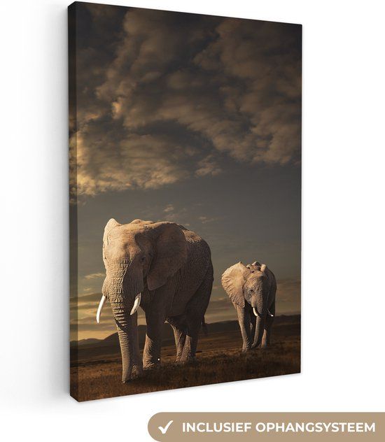 OneMillionCanvasses Canvas schilderij - Olifant - Zon - Landschap - 90x140 cm