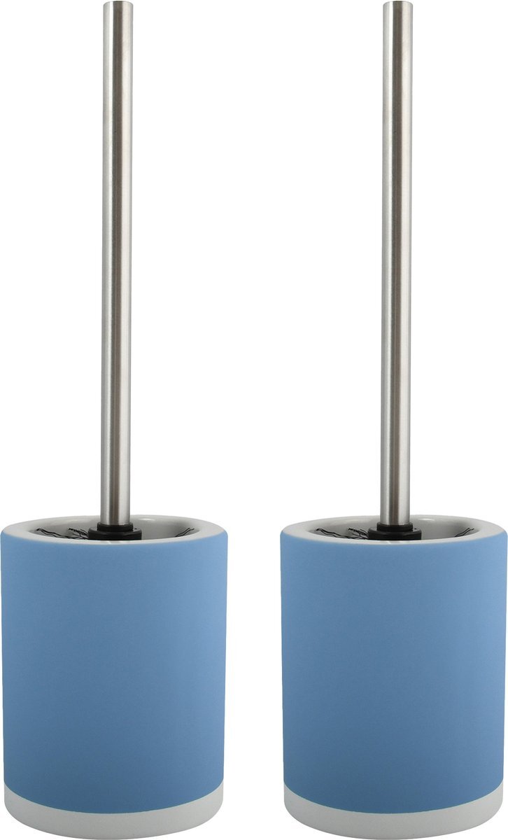 MSV Shine Toilet/wc-borstel houder - 2x - keramiek/metaal - pastel blauw - 38 cm