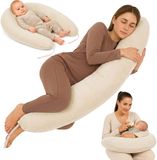 Totsy baby ASE Zwangerschapskussen 190 cm Mousseline Kussen – body pillow voor zwangeren steun rug buik hoes van katoen wasbaar afneembaar ergonomisch – OEKO-TEX gecertificeerd Lichtbeige