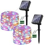 Ligarko Solar Fairy Lights Outdoor, 2 Pack 14 M/46 Ft Tuinverlichting Zonne-energie Waterdicht, 120 LED 8 modi Koperdraad Decoratieve Solar String Lights voor bomen, tuin, terras, tuin, tuin, feest (veelkleurig)
