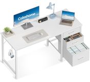 Bureau 120x48 cm blanc avec 3 tiroirs en tissu et support pour casque