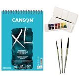 Block Canson XL Aquarel Blok A4 met 30 vellen, aquarel 12 Aquafine Travel Set Daler Rowney en 3 ronde kwasten complete set professionele aquarel voor alle leeftijden - Ofituria