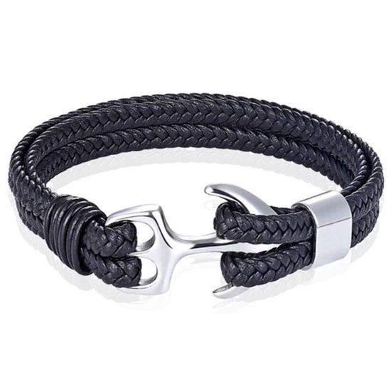TJ Tom Jaxon Tom Jaxon Heren armband Anker gevlochten Leer Zilverkleurig Zwart - 18cm