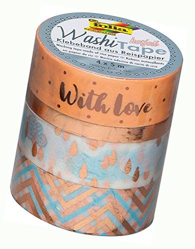 Folia 26433 Washi Tape, plakband van rijstpapier, hotfoil roségoud II, set van 4 - ideaal voor decoratie en decoratie