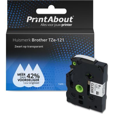 PrintAbout Brother PrintAbout TZe-121 Tape Zwart op transparant (9 mm)